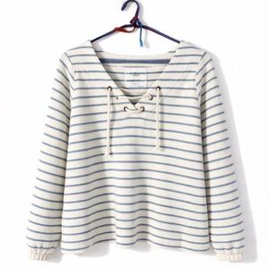 Aerie Cream and Blue Lace-Up V-Neck Sweater
